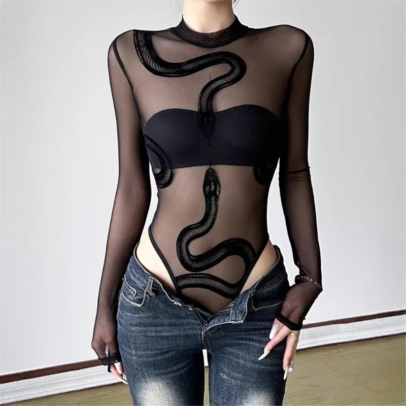 Dames mesh mouw bodysuit ronde nek mueTards kleding bodysuit top met crotch clubkleding geschenken