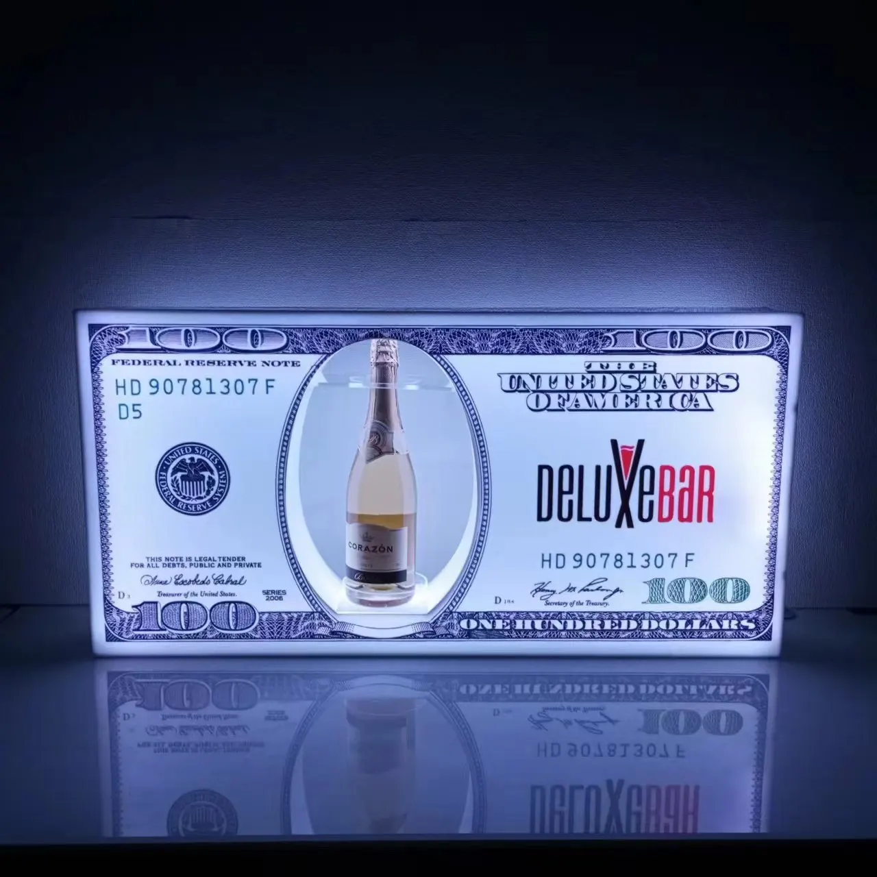 US Dollar 100 Benjamin Bill Bar Bottle Presenter LED Rechargeable Champagne Glorifier VIP Service Tray for Lounge Bar Nightclub