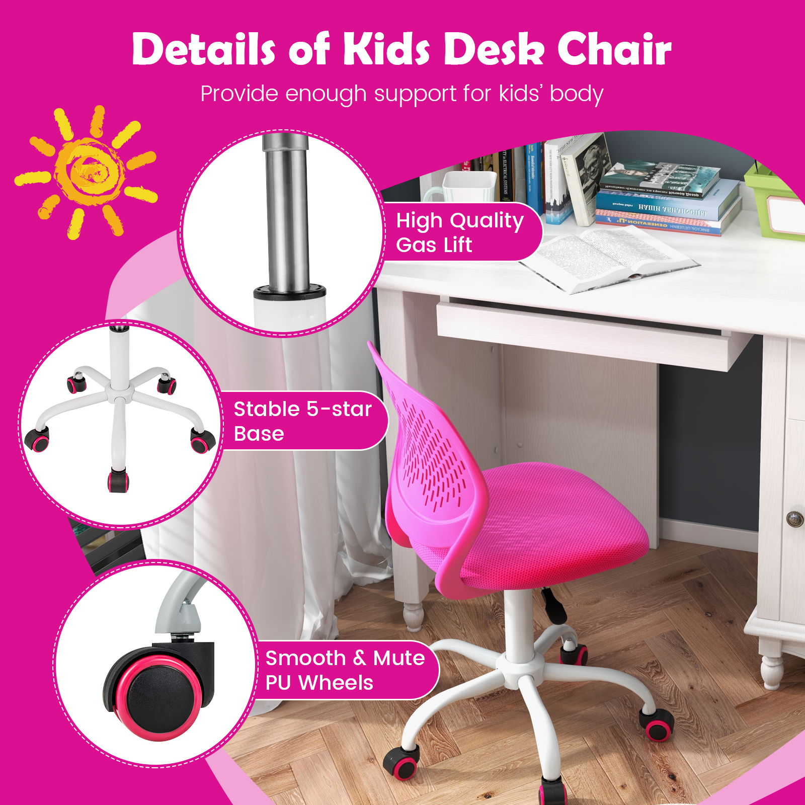 GOFLAME Kids Adjustable Mesh Chair, Ergonomic Armless Desk Chair with Ventilated PP Back & Soft Seat Cushion