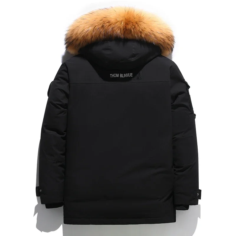 Zwart Donsjack 2024 Winter Gevoerd Wit Eendendons Bontkraag Met Capuchon En Casual Mode Dik Warm Geborduurd Design Parka