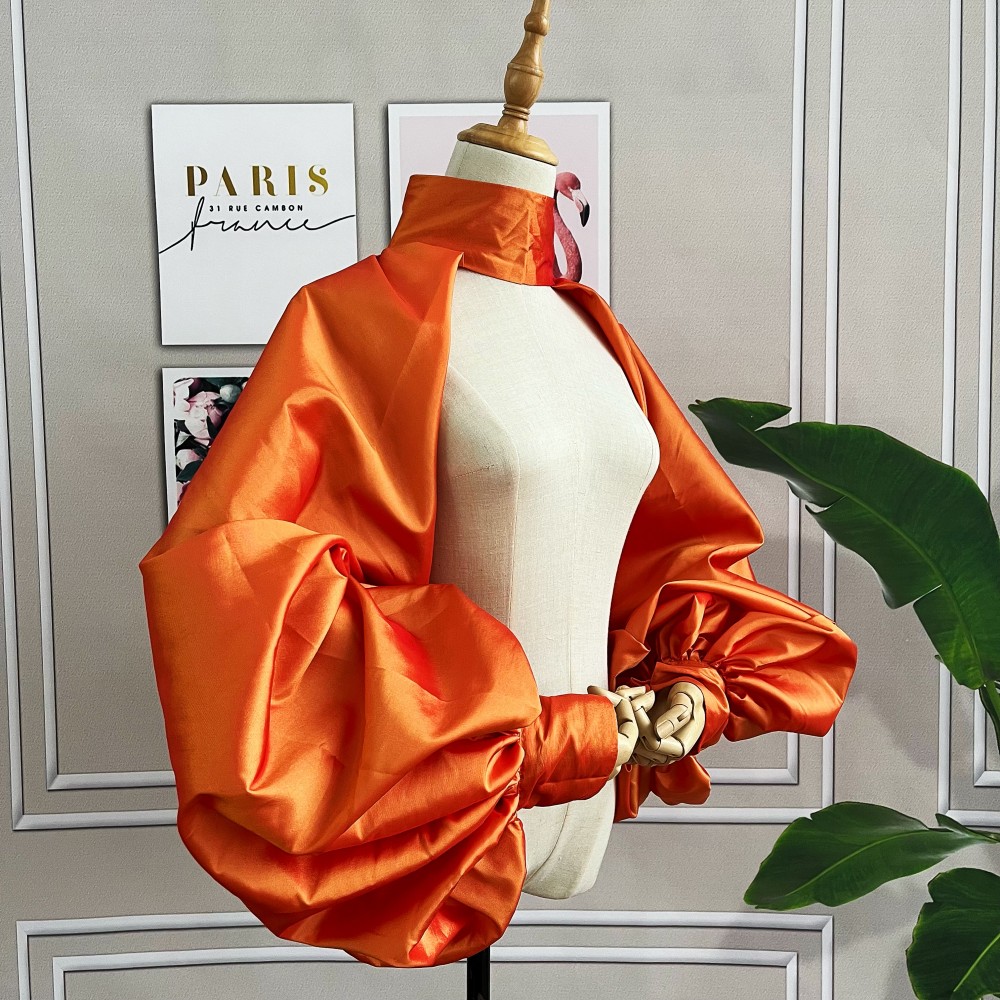 Veste à manches bouffantes, Orange et or, cape courte, boléro, châle, col haut avec boutons, accessoires de mariée