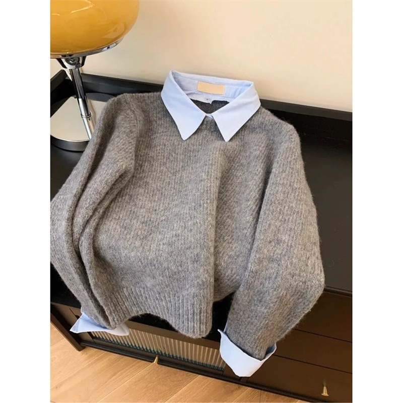 Suéter falso con dos camisas y cuello para mujer, traje de otoño, nuevo suéter de punto gris de Color contrastante, Top con cuello abatible