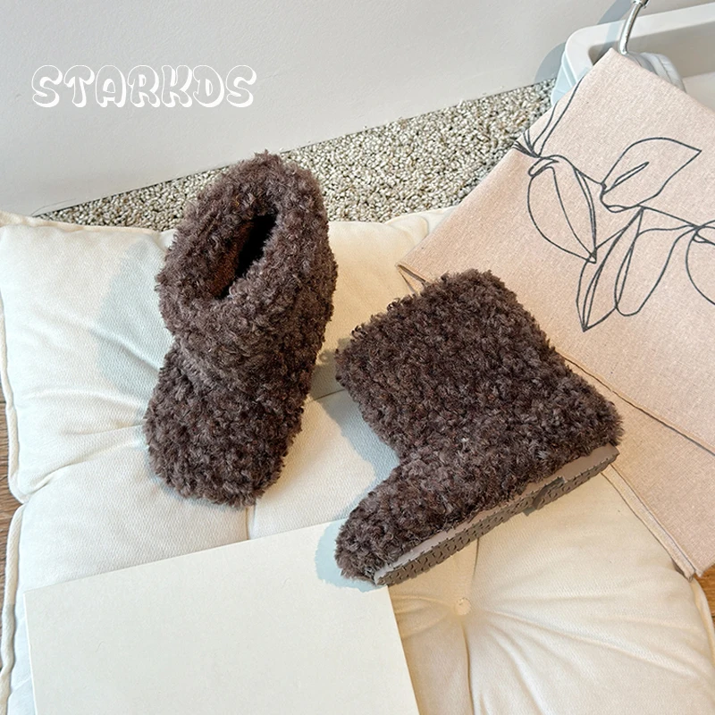 หรูหราหนาตุ๊กตาขนสัตว์รองเท้าเด็กผู้หญิง Fluffy WARM Plush Booties เด็กวัยหัดเดินเด็กฤดูหนาวการออกแบบแบรนด์รอบ Toe SLIP-ON รองเท้าผ้าฝ้าย