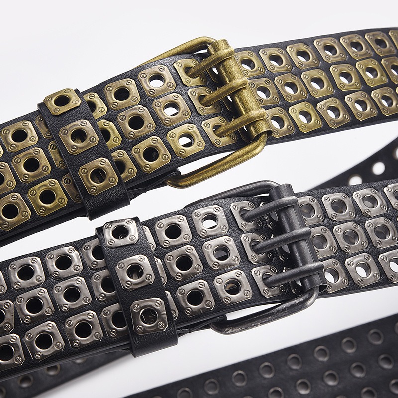2024 nuevo cinturón de moda 110CM hombres estilo Punk PU remache de cuero cinturón de Metal ojo hebilla de aleación tendencia cinturón Casual resistente y resistente