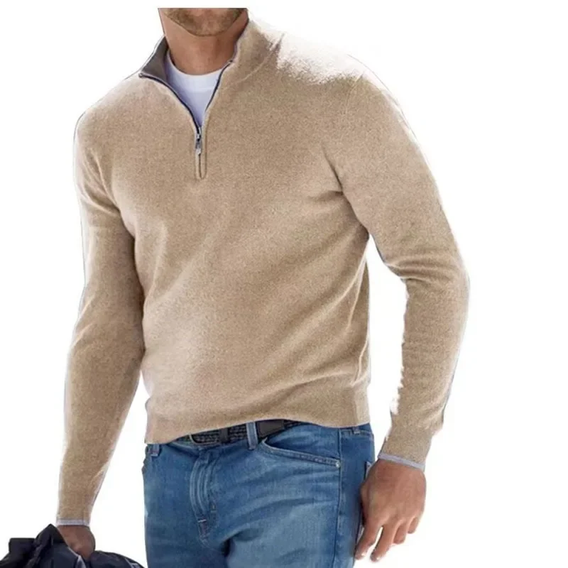 Jersey de Color sólido de otoño para hombre, suéter informal con media cremallera, sudadera ajustada de manga larga con cuello en V, camisa de invierno para hombre