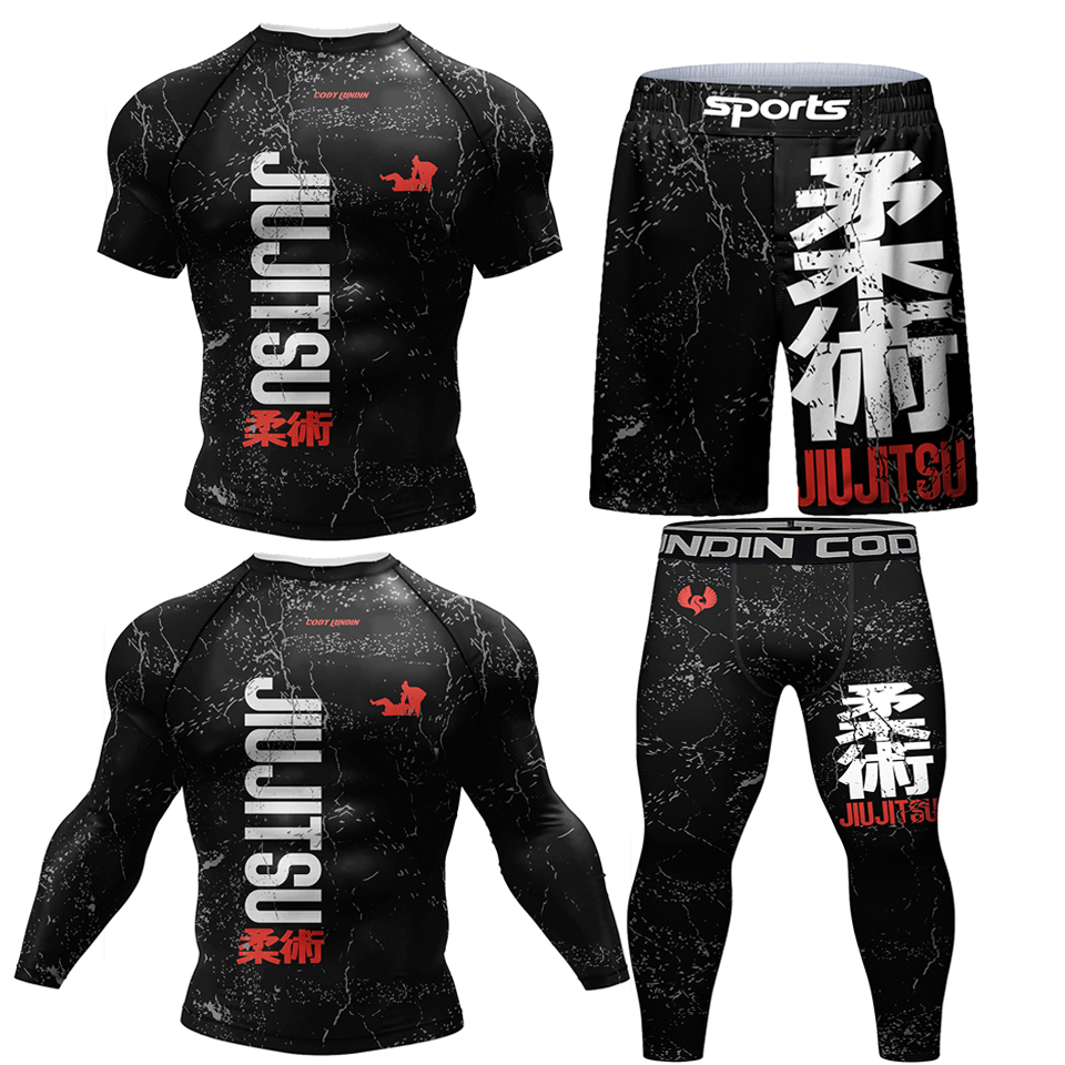 Nuevo Kimono Jiu Jitsu Rashguard para hombres Mma camiseta + pantalón 4 unids/set Muay thai pantalones cortos Bjj Rash guard gimnasio camisetas de boxeo ropa deportiva