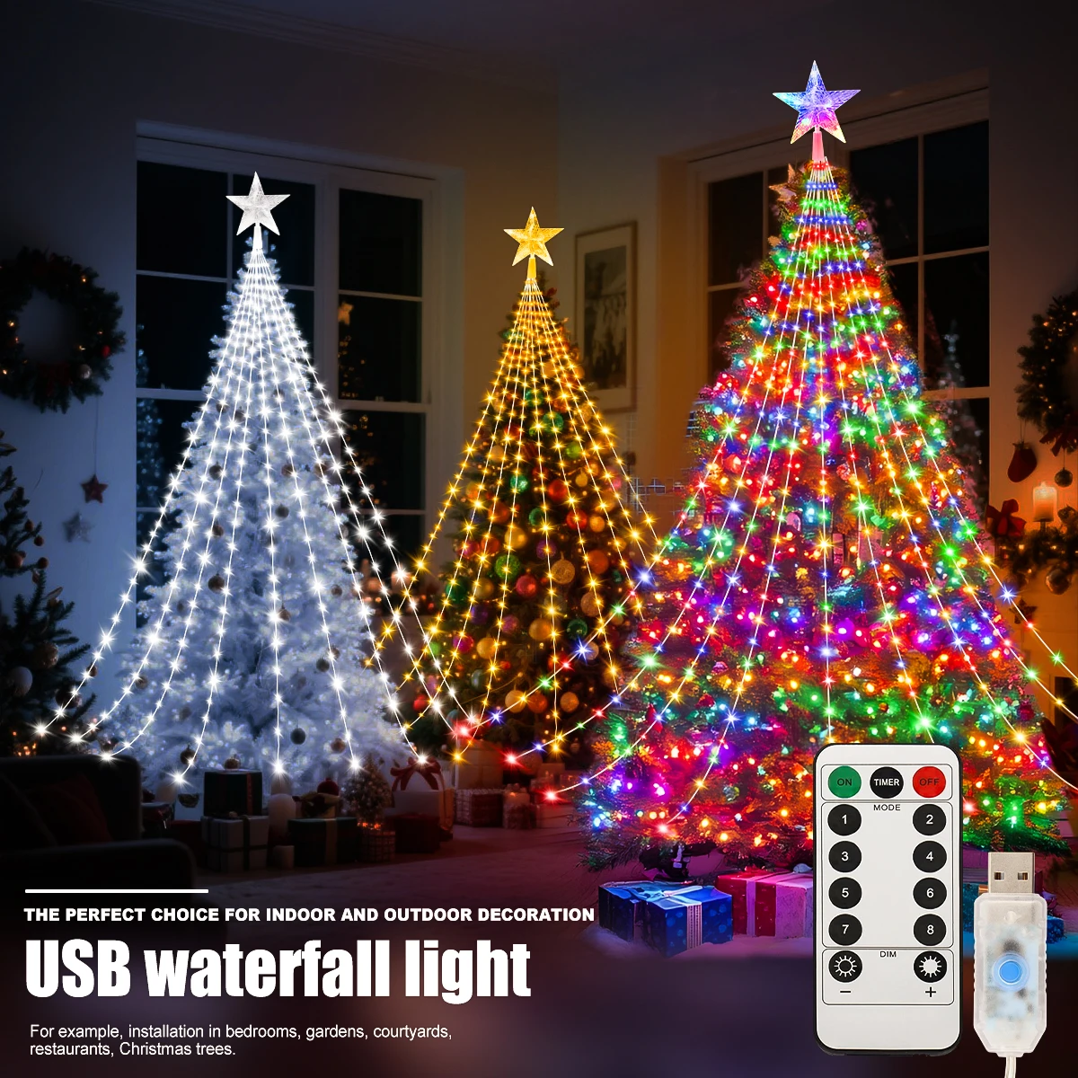 Luces LED para decoración de árboles de Navidad al aire libre, USB, 2/3M, guirnaldas de luces impermeables, 8 modos, iluminación para fiesta de boda y patio interior