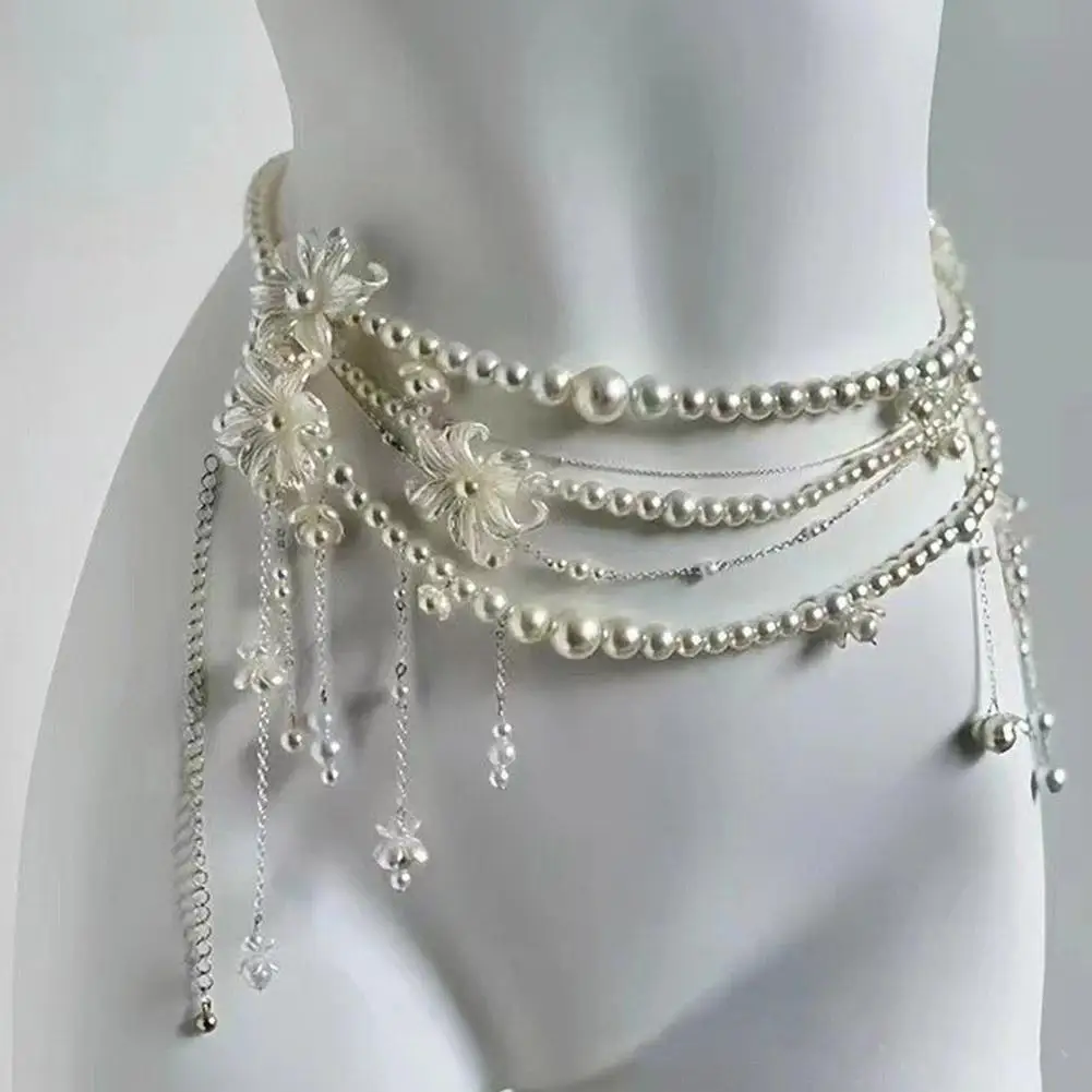 Cinturón de cadena de cintura con perlas multicapa Retro Y2K para mujer, accesorios de joyería para el cuerpo con estilo para fiesta y ropa informal