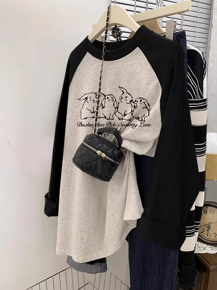 オーバーサイズレイジースタイル長袖レディース Tシャツピュアコットンベースシャツカラーブロックデザインカジュアルルーズフィットサマープリントトップ