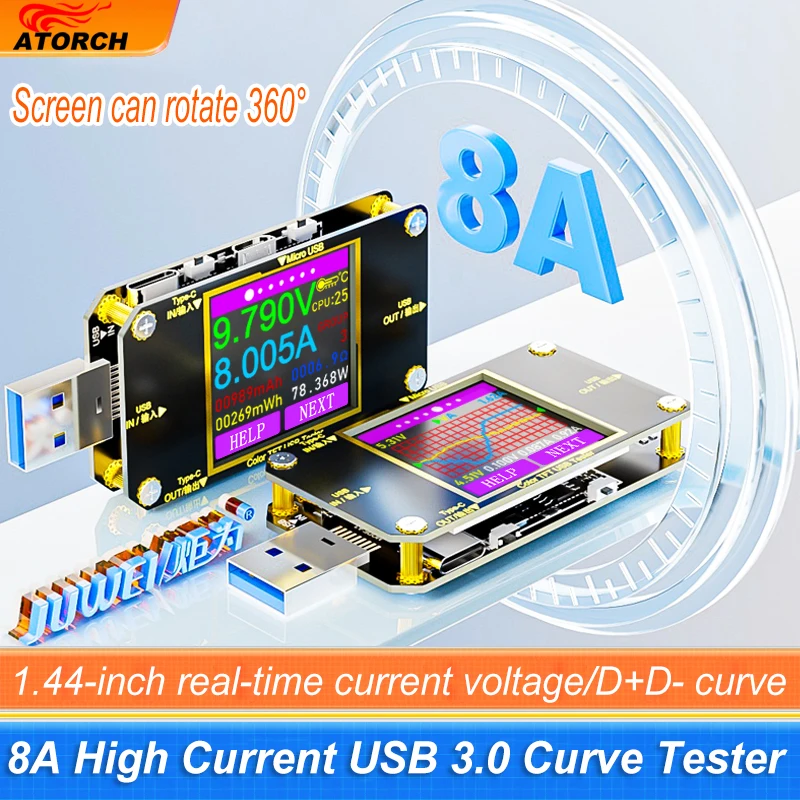 Probador USB A3 8A, Monitor de voltaje de corriente tipo C, carga rápida, batería PD, capacidad del Banco de energía, medidor de amperios CC de 32V