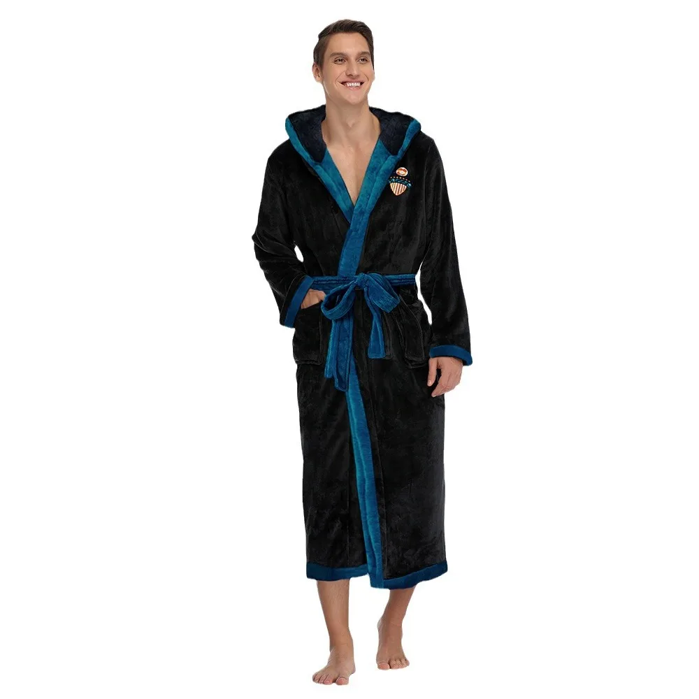 Ropa de franela para el hogar para hombre, bata de baño tipo kimono, bata larga de invierno con capucha de lana Coral, ropa de dormir informal holgada gruesa, ropa de salón