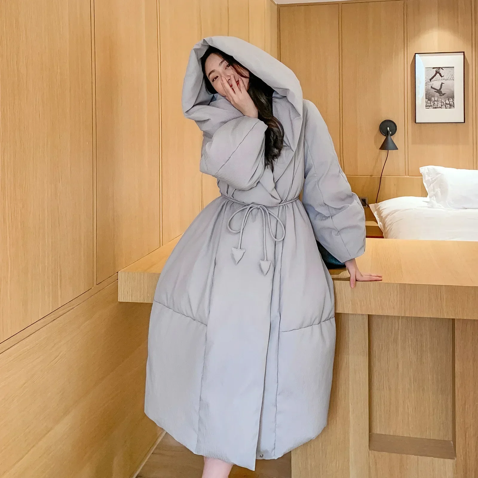 女性のための白いダックダウンコート,膝の長さ,ルーズ,レースアップ,防風フード,暖かいパーカー,新しいファッション,冬,S-5XL