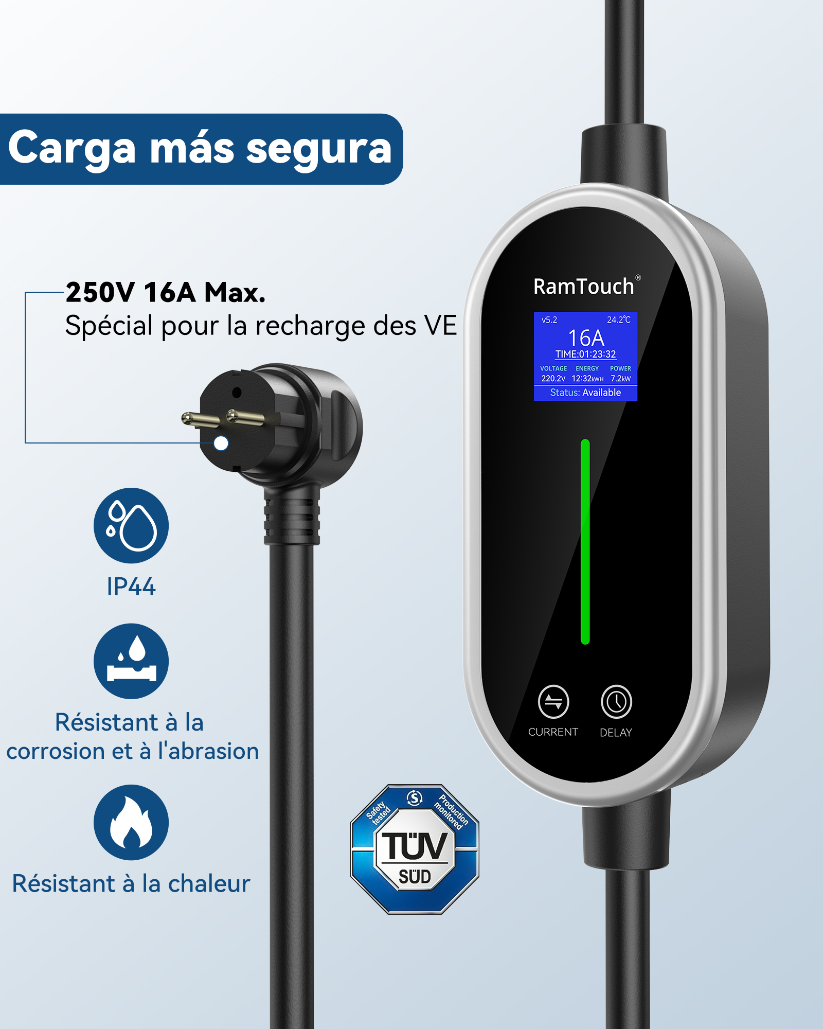 RamTouch Cargador Vehículos Eléctricos (Tipo 2, Enchufe Schuko 16A/CEE 32A), Cargador EV con Función de Carga Ajustable de 8A-16A/8-32A y Programación, Compatible con Vehículos Eléctricos e Híbridos