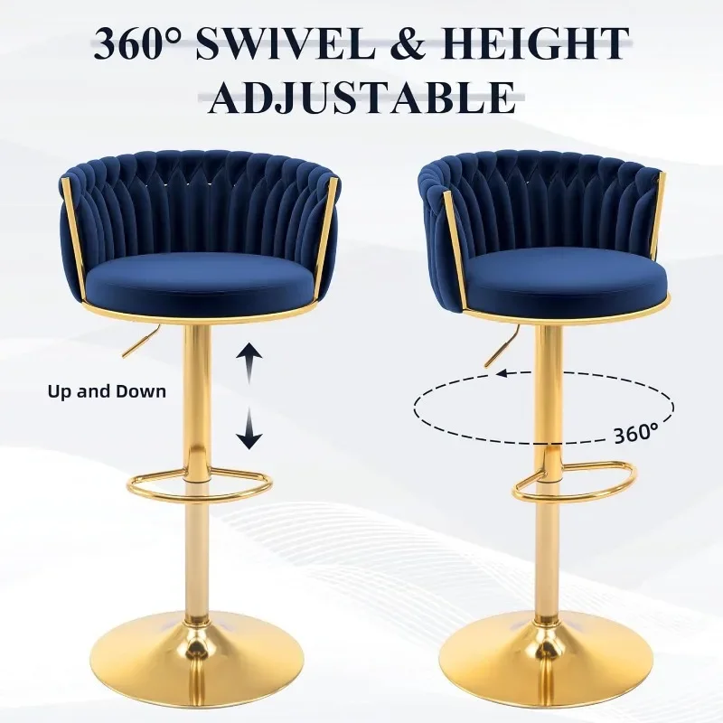 ABET Gold Bar Stools Set of 4, Velvet Woven Barstools, Swivel & Height Adjustable Counter Stools with Upholstered Backrest, Mode