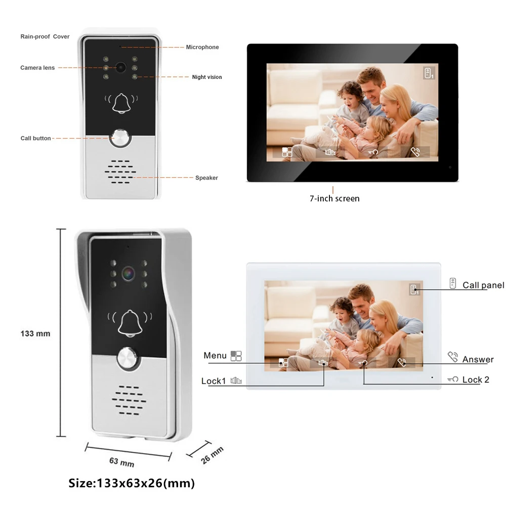 Kit de sistema de intercomunicação de vídeo 720p, campainha de vídeo com fio, painel de chamada à prova de chuva, câmera ir para casa, vila, construção, 4 fios
