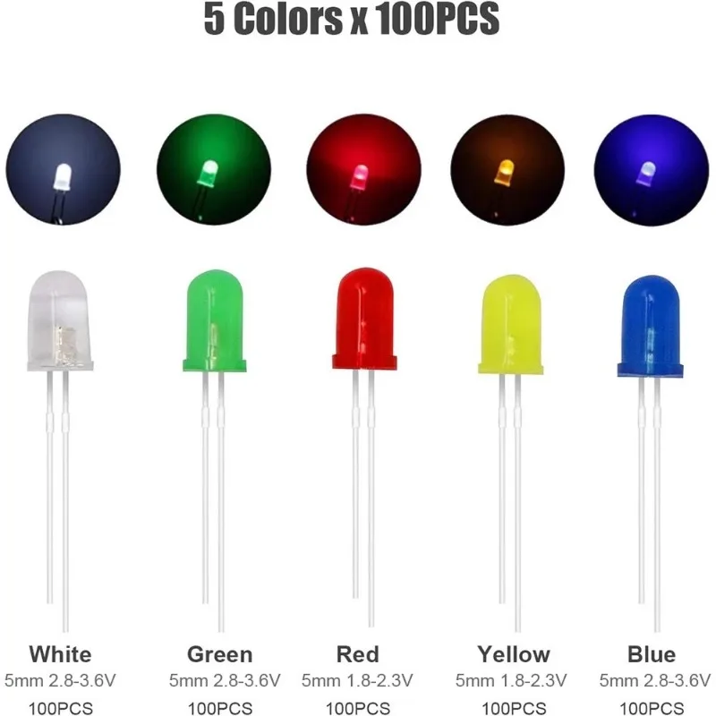 500pcs of F5 5mm LED light emitting diode box with red, yellow, green, white, blue, 5 colors, 100 units each，DIP LED