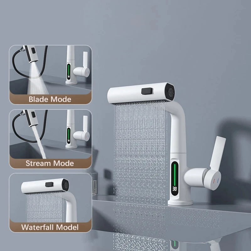 Robinet de cuisine extractible en cascade à affichage numérique Intelligent, robinets mélangeurs froids et chauds, robinet de lavabo de levage d'évier rotatif