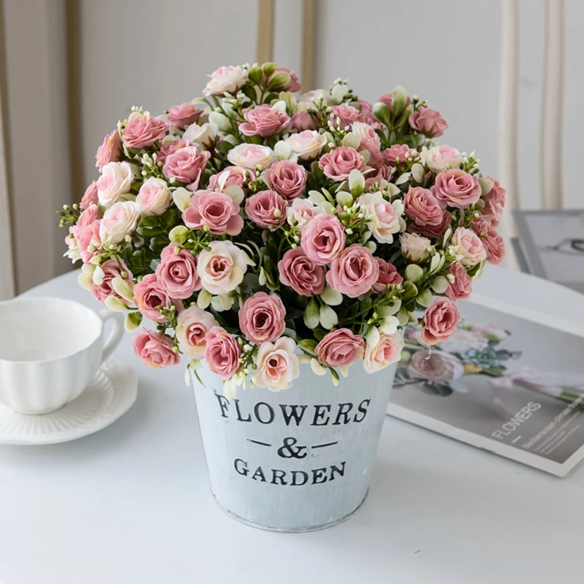 1 unidad de 15 cabezas, 5 tenedores, rosa de seda, ramo de novia para boda, corona de Navidad, florero, decoración, bonsái para el hogar, álbum de recortes DIY, flor Artificial
