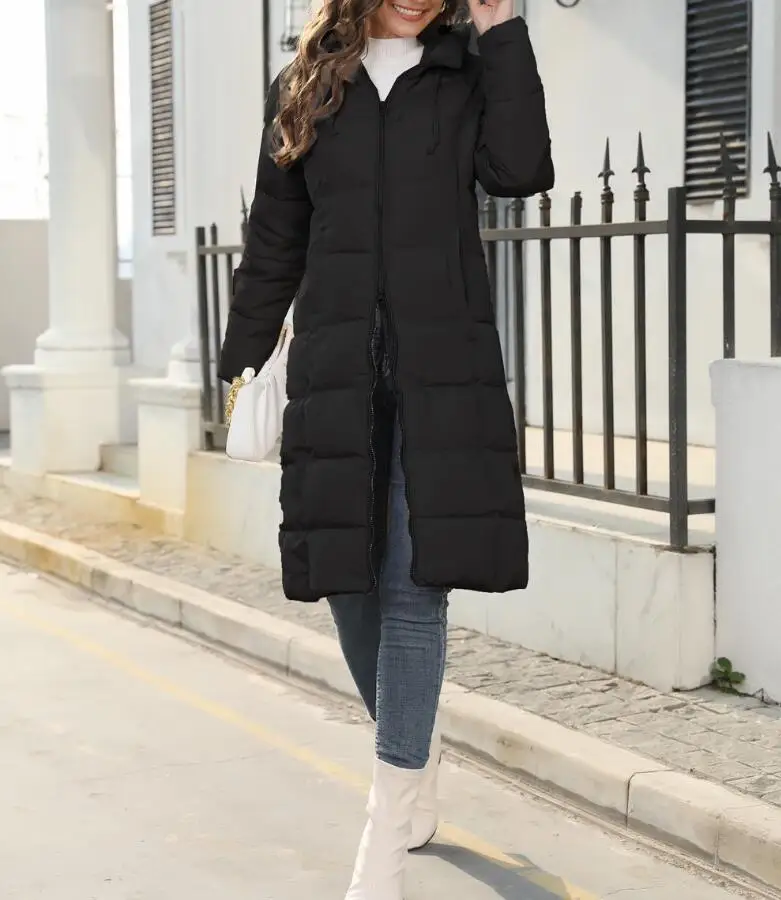 Inverno novo com capuz comprimento médio fino ajuste quente manga longa jaqueta de cor sólida para mulher, 3 cores