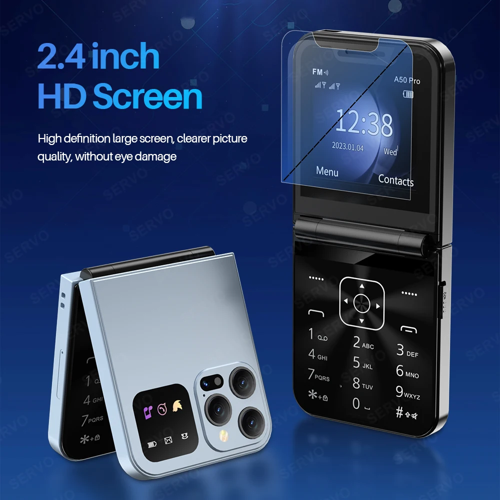 SERVO A50 PRO Dual SIM Flip Mobile Phone 2.4" Screen Call Recording Speed Dial Vibration 2G Flashlight Button Foldable Cellphone