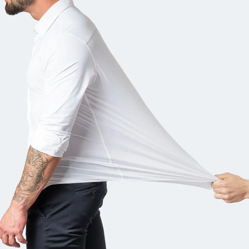 6xl nueva primavera y verano fuerza elástica sin hierro camisa casual de negocios de manga larga para hombres camisa vertical mercerizada de color sólido