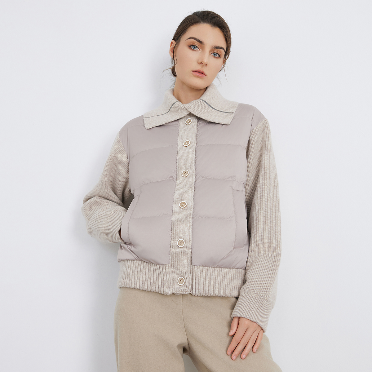 BC930 高級ブランドコートの高品質の女性用ウール100％とホワイトグースダウンのスプライスダウンジャケット