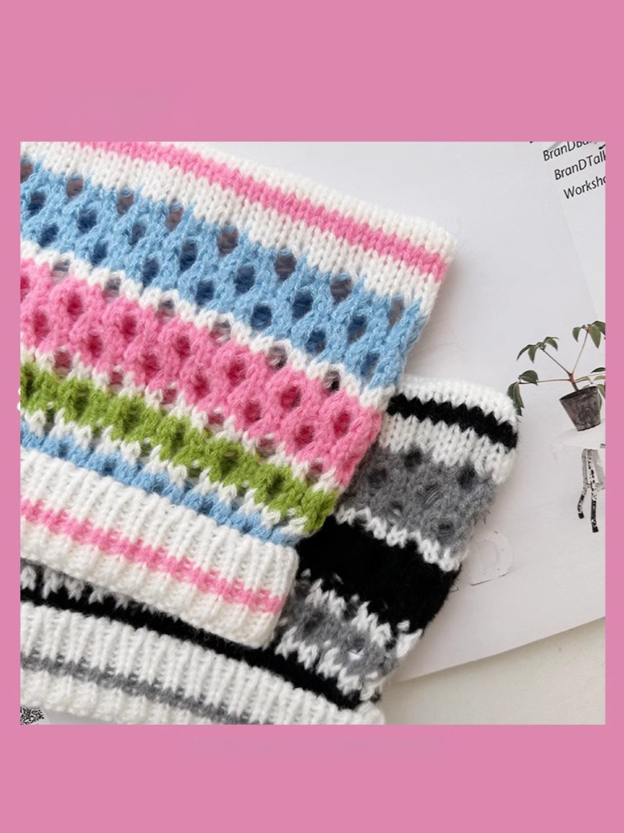 Moose Kingship レディース ニット帽 猫耳デザイン 中空暖かさ 秋と冬シーズン用 カラフルなストライプ ドポミンスタイル