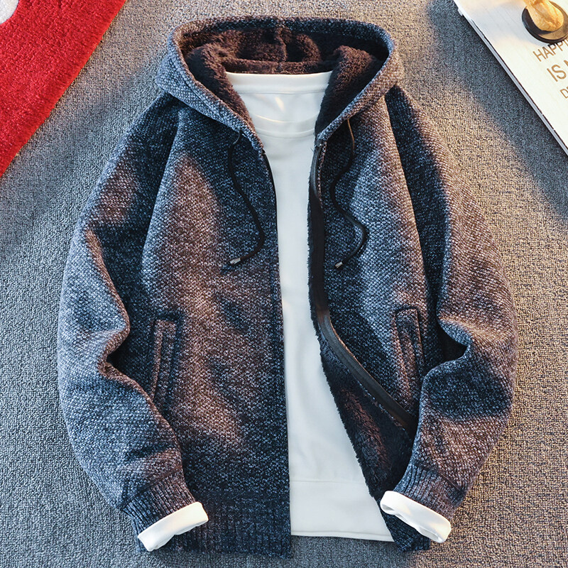 Suéter de malha masculino clássico, cardigã com capuz, jaqueta casual streetwear com zíper completo, casaco
