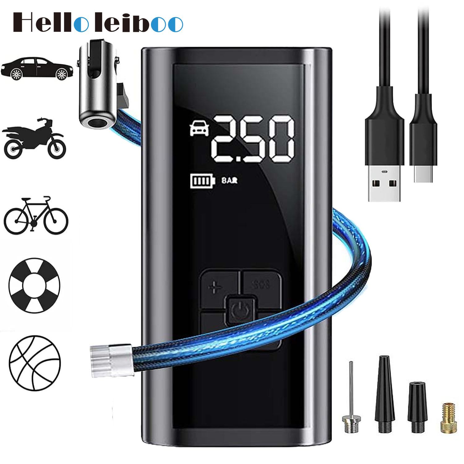 LEIBOO-Compressor De Ar Portátil Para Pneus De Carro, Inflador Rápido, Pressão Precisa, Bomba De Ar Para Motocicleta, Bicicleta, Bola