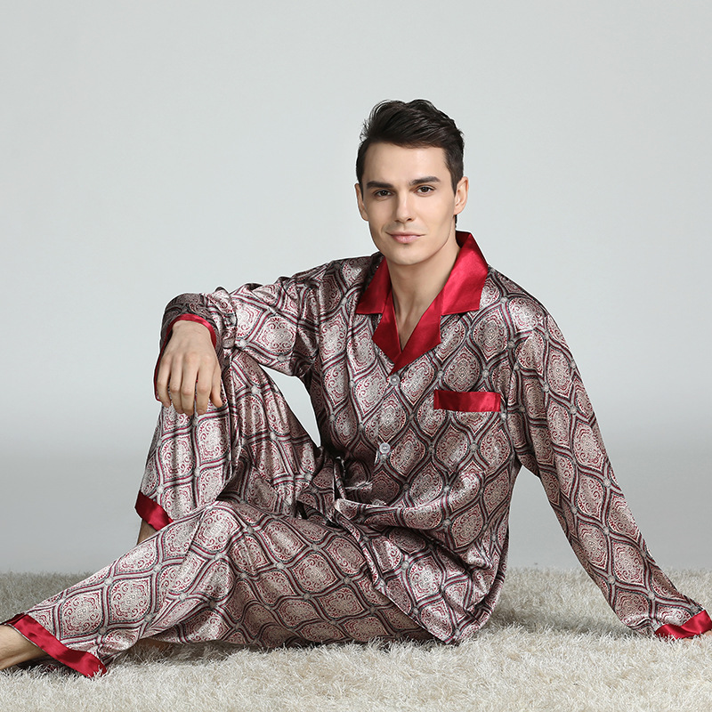 PLUS GRÖßE Herren Pyjamas 2PCS Nachtwäsche Set Frühling Herbst Langarm Hosen Pijamas Anzug Lose Druck Seide Satin Lounge Wear