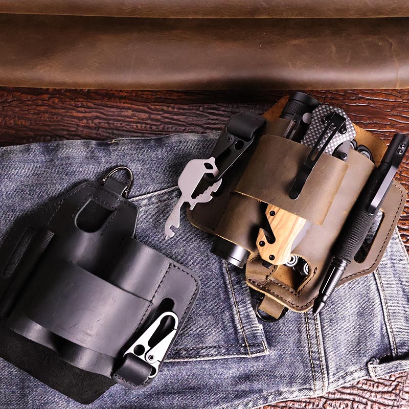 1pcGenuine Leather Outdoor Work Belt Bag,Multifunctional Protective Kit,Folding Knife,Flashlight Holder convenient toolmanagers