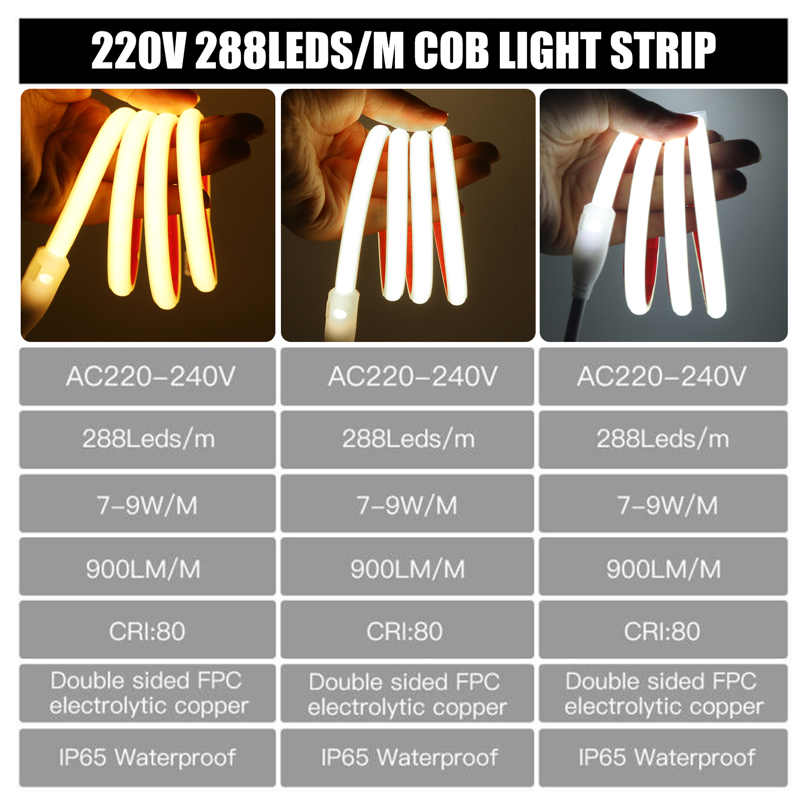 220V Dimmable COB LED Neon Strip Light 288Leds/M IP67 With Switch/Dimmer EU Plug Flexible Adhesive Tape for Home Garden Lighting