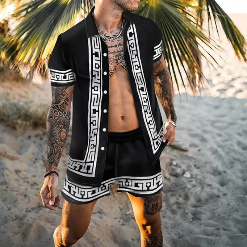 Conjunto holgado informal con estampado de alta calidad para hombre, camisa de manga corta, pantalones cortos de secado rápido para playa, 2024