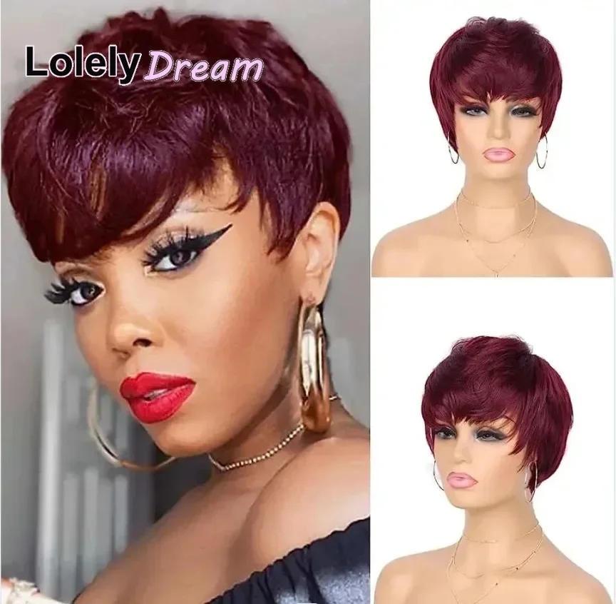 Lolely sonho em linha reta remy perucas de cabelo humano para as mulheres completa máquina feita borgonha 99j cor curto bob pixie corte peruca com franja