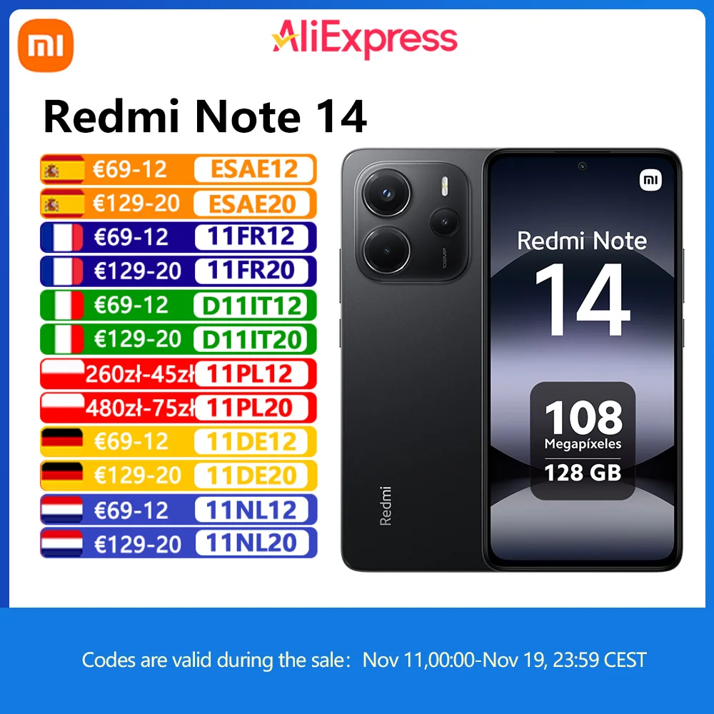Globale Version Xiaomi Redmi Note 14 Smartphone 8 GB / 12 GB RAM MediaTek Helio G99-Ultra 33 W 120 Hz AMOLED 108 MP 5500 mAh