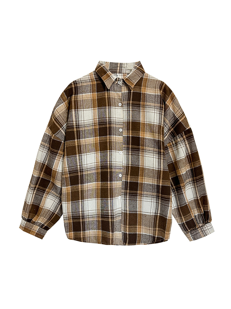 Loose Fit Plaid Shirt Coat Long Sleeve Women's Sle Summer Top Thin Version American Grid Pattern Casual Versatile Polyester...