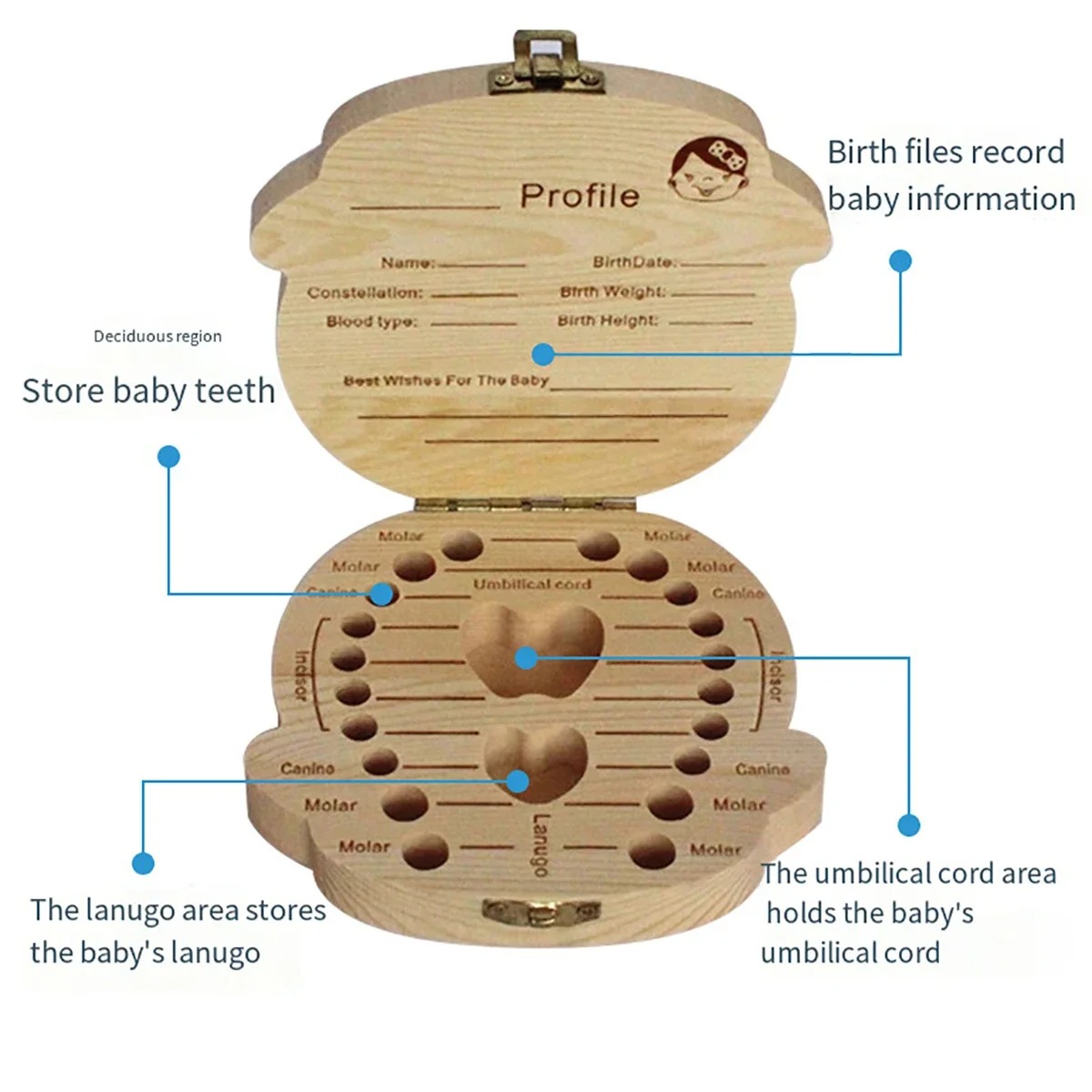 Homfish caixa de armazenamento de dentes de bebê de madeira crianças caixa de madeira organizador caixa comemorativa crianças coleta cabo umbilical storag