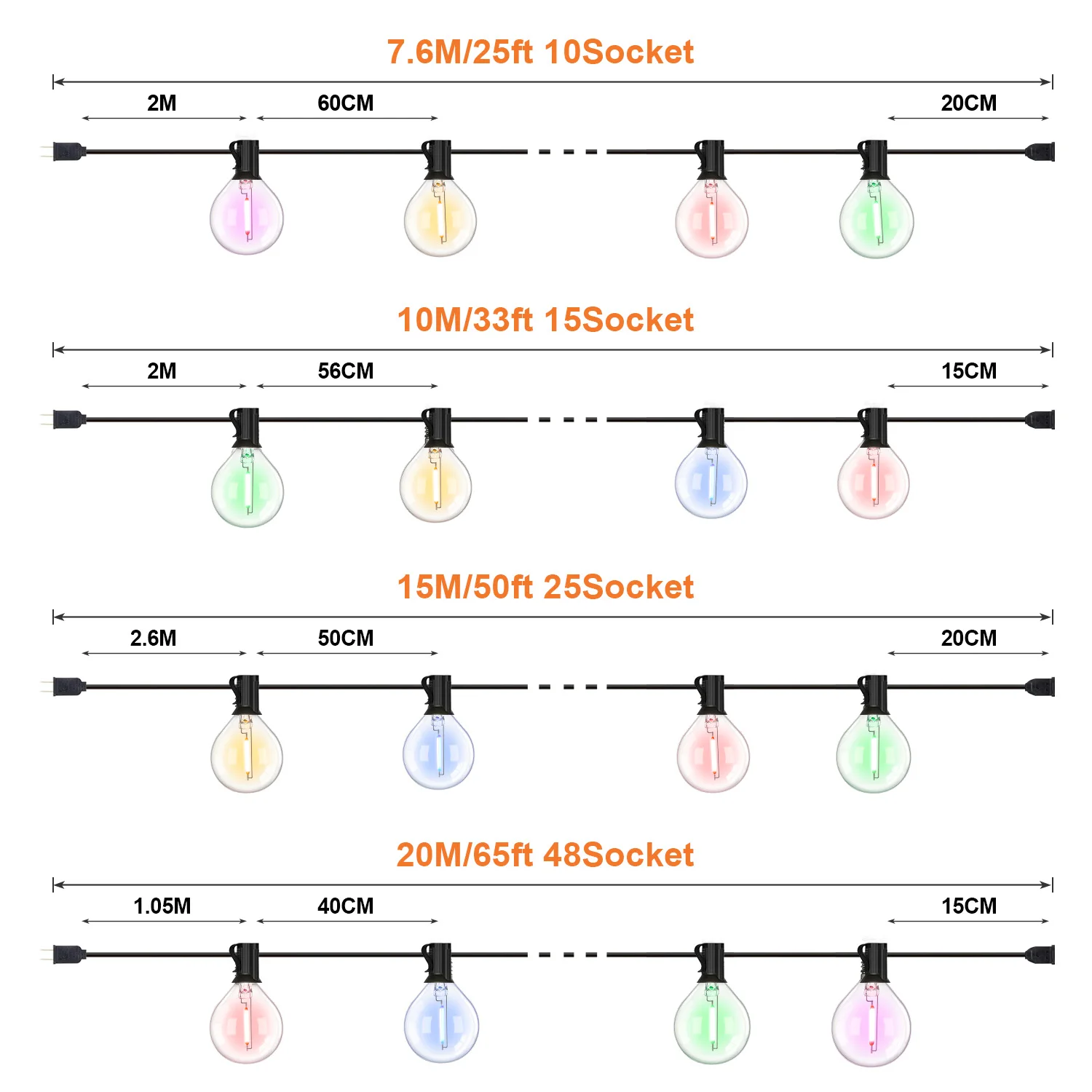 Waterproof String Light G40 Led Colored Filament Bulbs 1W E12 RGB EU US Plug Connectable Birthday Garden Fairy Party Decorations