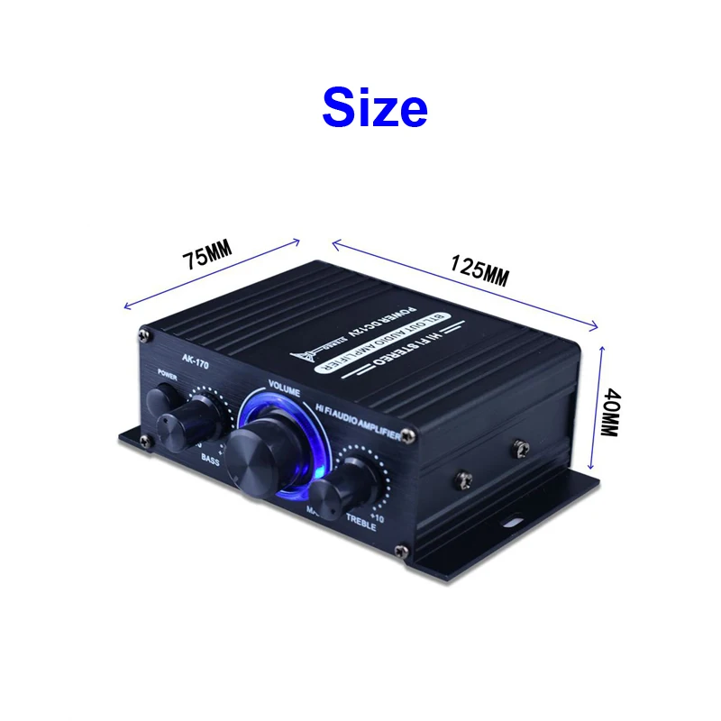 AK170 ミニデジタルパワーオーディオカーアンプブルーライトステレオオーディオアンプホームシアタークラブパーティー音楽 200Wx2 電源