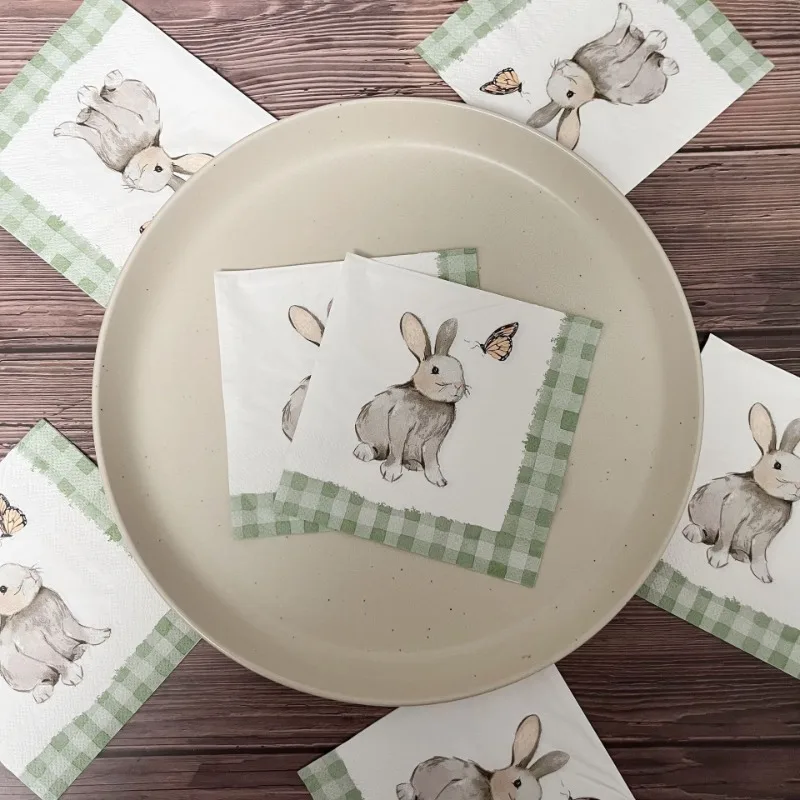 20 pz/pacco 3 Strati 25*25 cm Coniglietto di Pasqua Stampato Tovaglioli Per Feste Verde Plaid Fatti A Mano Farfalla Bone Bart Tovagliette di Carta
