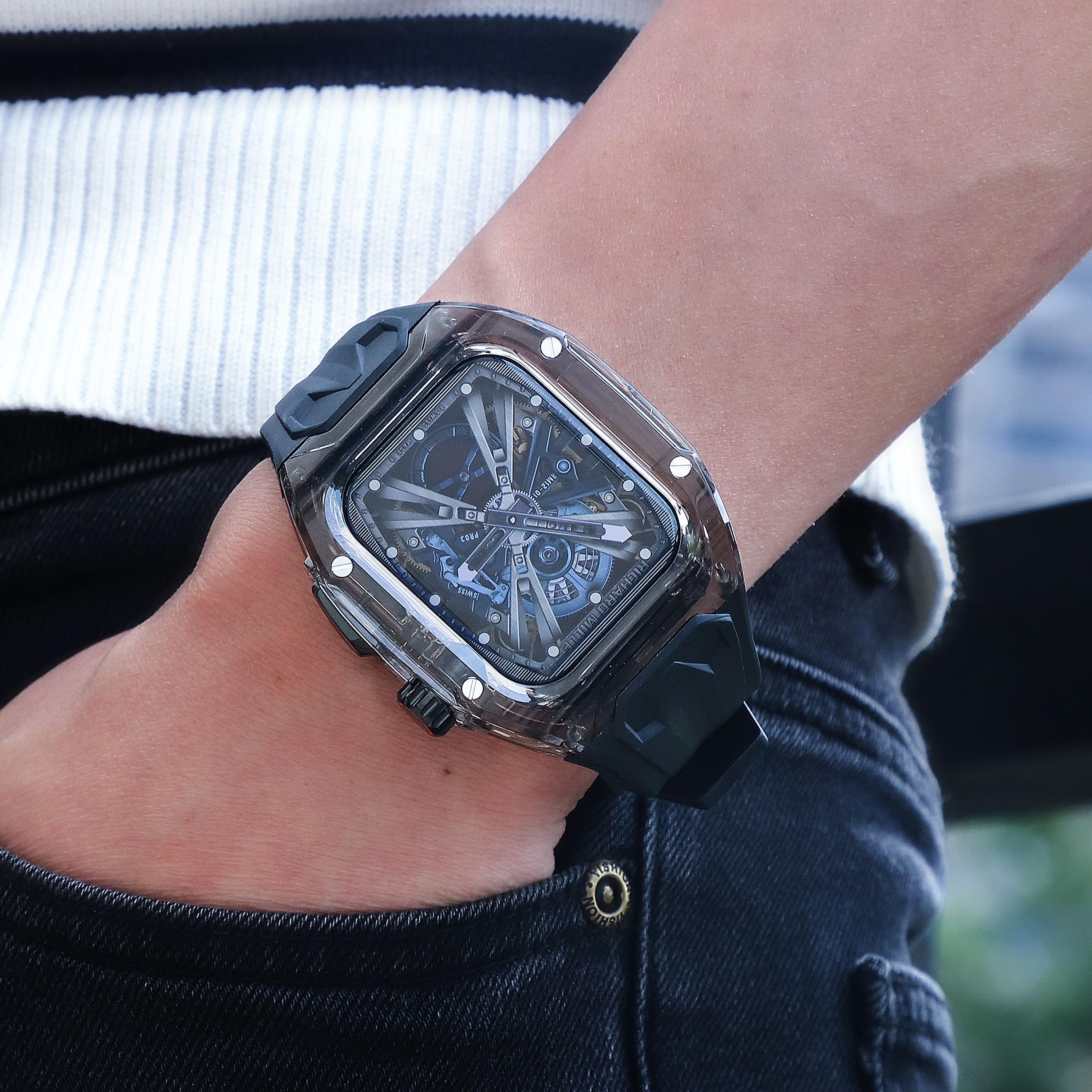 Apple Watch シリーズ 9 8 7 6 5 4 40or41mm 44or45mm 49mm 高級修正ストラップ透明ケース + 統合 TPU ストラップに適しています。