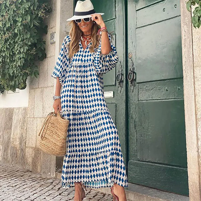 5XL พัฟแขน Boho Maxi ฤดูร้อนผู้หญิงหลวมสบายๆสไตล์วันหยุด Vestidos Drawstring V คอชุดชายหาดยาว