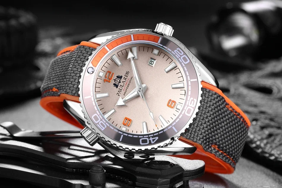 Herren-Luxusuhr mit automatischem Selbstaufzug, mechanischem Canvas-Kautschukarmband, Orange, Blau, Rot
