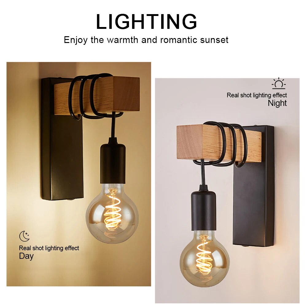 Lâmpada de parede LED madeira retro, luz de cabeceira, luminárias noturnas, loft luz, decoração loft, banheiro, restaurante, sala de estar, e27, 220v, 110v