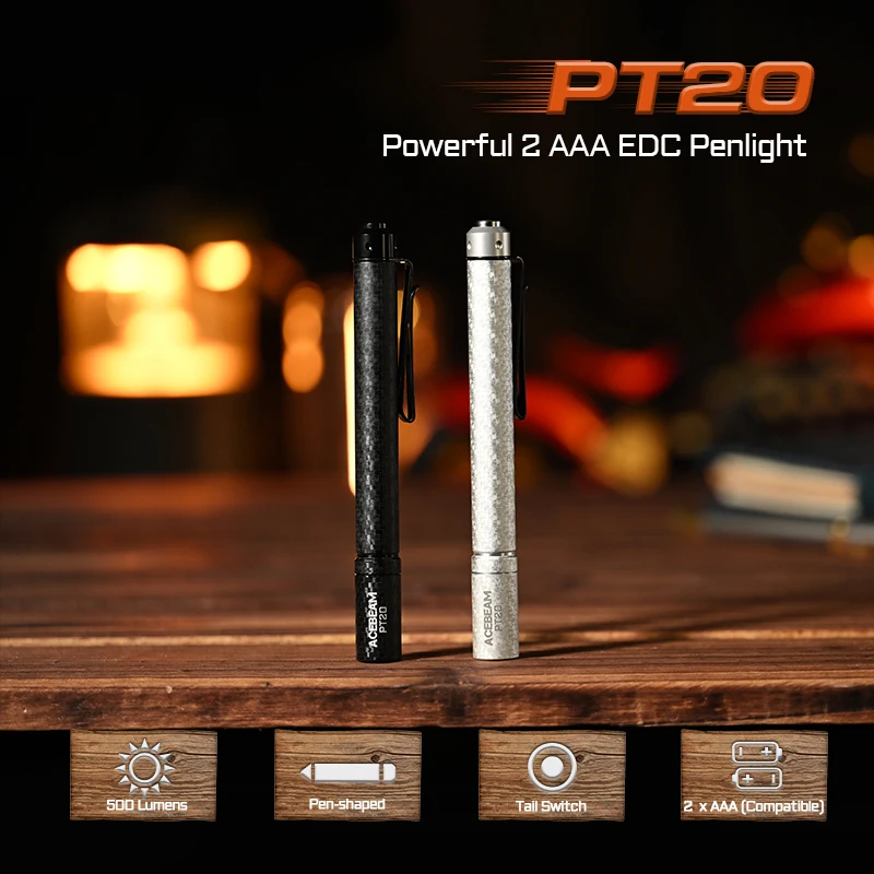 ACEBEAM PT20 penlight compact EDC flashlight 500 lumens 80 meters compatible with 2 AAA batteries 3 brightness level daily torch
