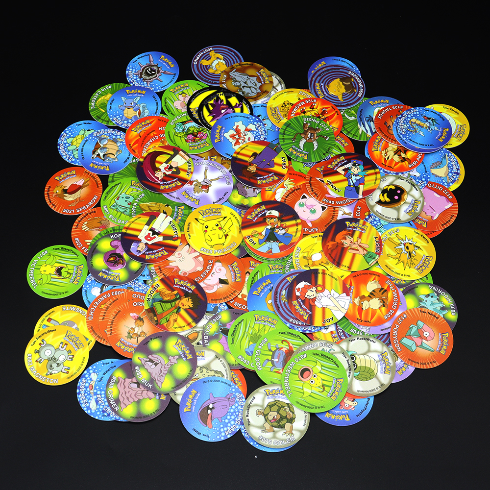 100/160 Stück Pokemon Tazos 1/2 Generation Strokes Box 3D Runde quadratische Sammelkarten Album Trainer Pogs Cheetos Chipitaps