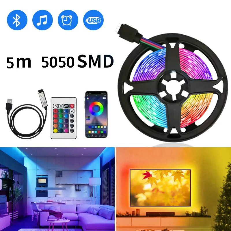 5v rgb 5050 led fita de luz usb bluetooth com 24 teclas controle remoto mudança cor flexível lâmpada fita diodo para casa
