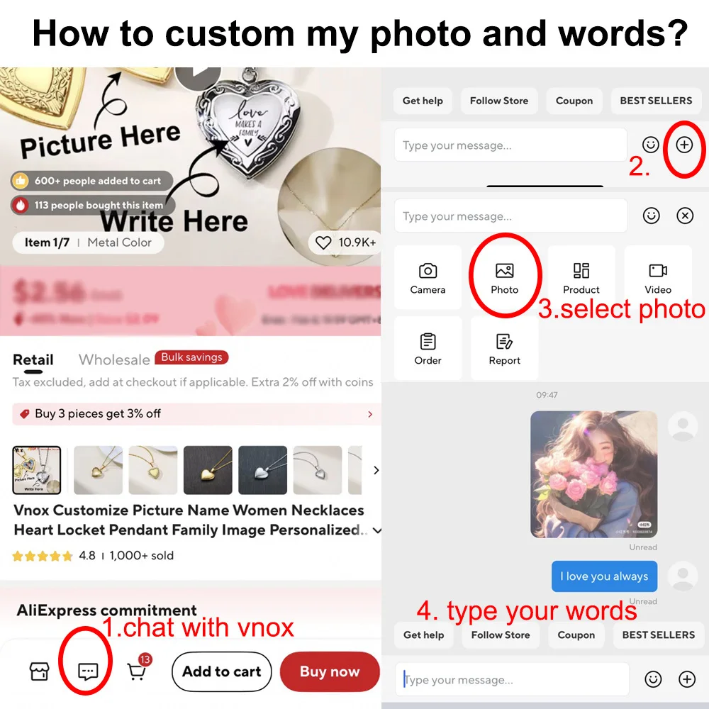 Vnox ปรับแต่งชื่อรูปภาพผู้หญิงสร้อยคอหัวใจ Locket จี้ภาพครอบครัวส่วนบุคคลของขวัญครบรอบ