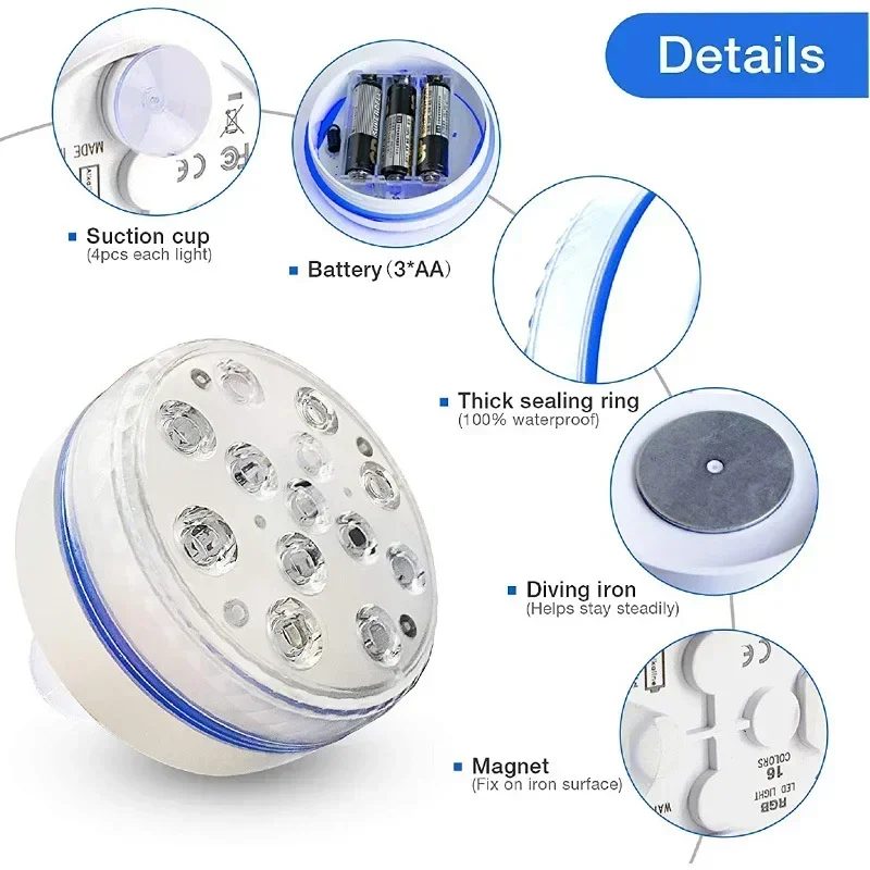 Updated IP68 Submersible Lights RGB Underwater Pool Lights with RF Remote Magnet Suction Cups Night Lamp for Pond Pool Aquarium