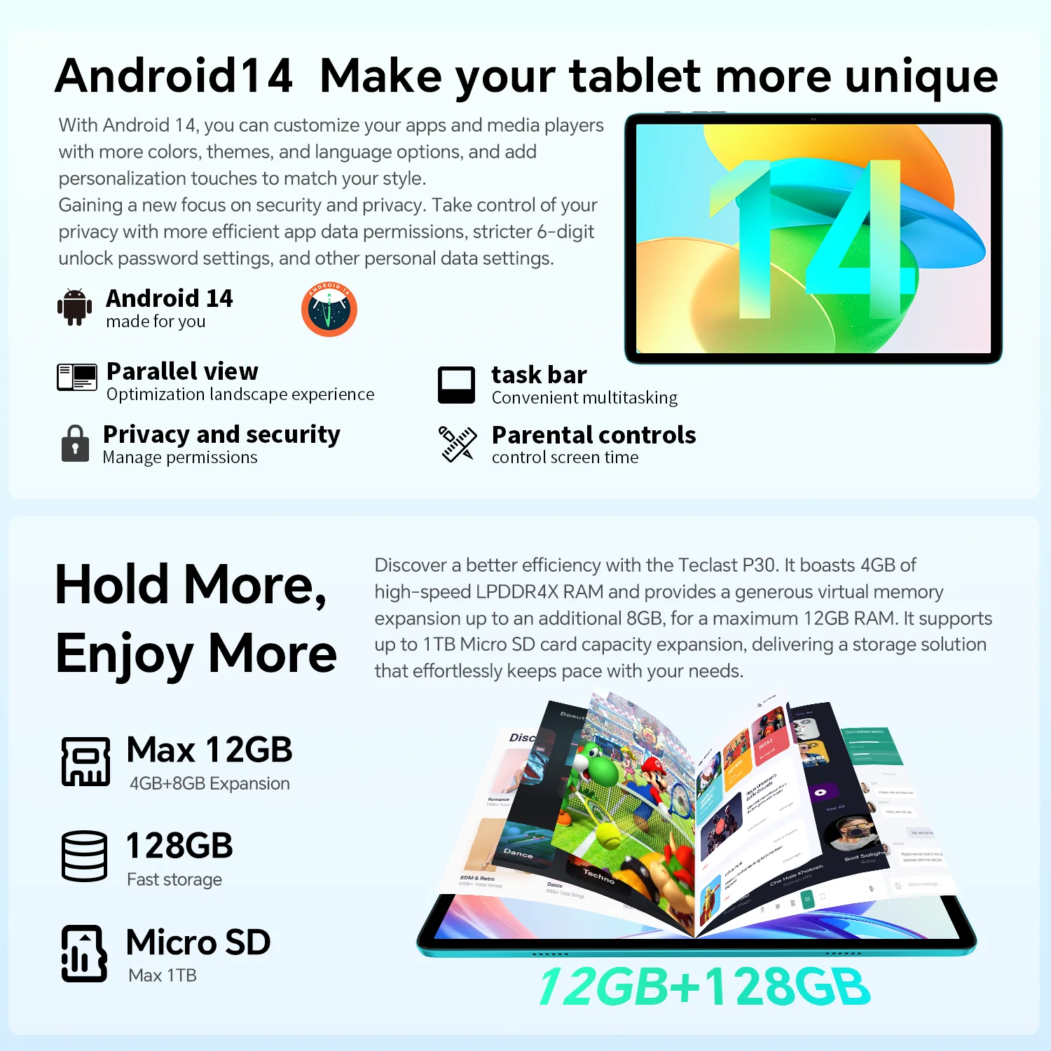Teclast P30 Android 14 Tableta de 10.1 "IPS, MAX 12GB RAM, 128GB ROM, UNISOC T606 Octa-core, tipo C, Jack de 3.5 mm, WideVine L1